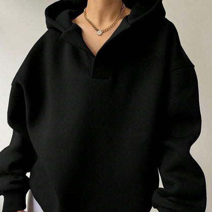 Comfortable Oversized Fleece Hoodie for Women with V Neck Long Sleeve Drop Shoulder Relaxed Style