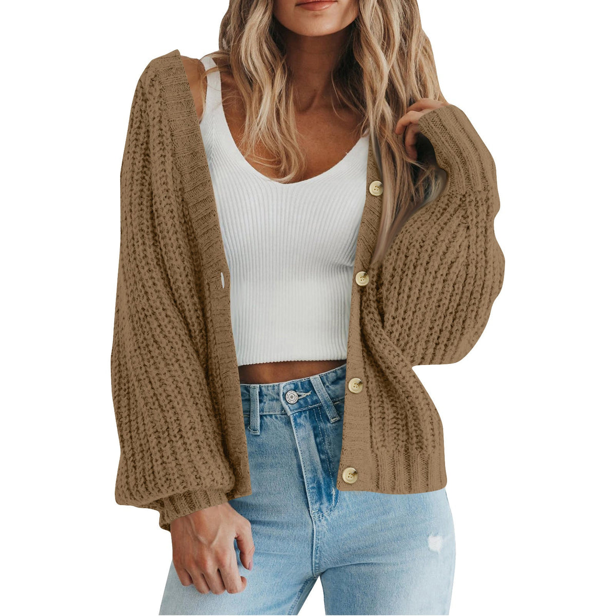 Cozy Chunky Knit Cardigan for Women with V Neck Long Sleeve Button Front Relaxed Style