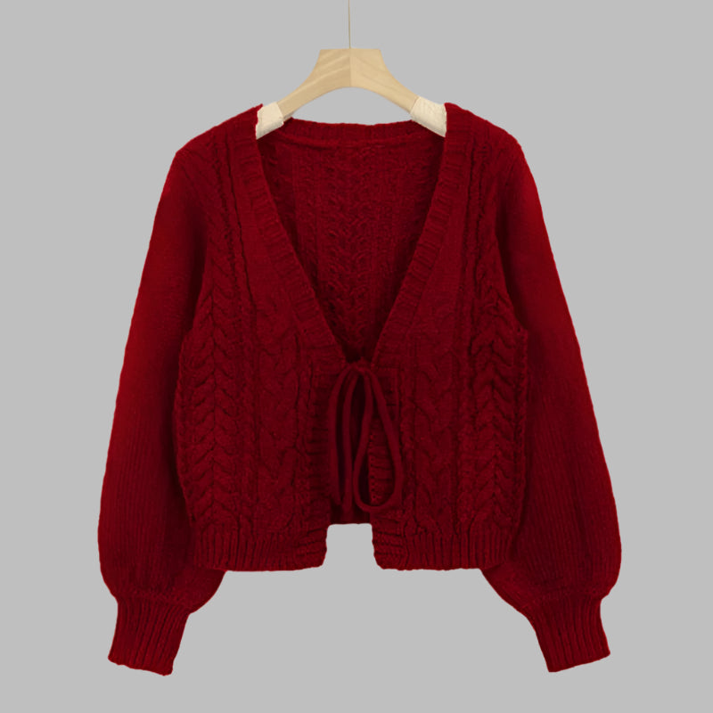 Cozy Chunky Cable Knit Cardigan for Women with V Neck Long Sleeve Tie Front Cropped Style