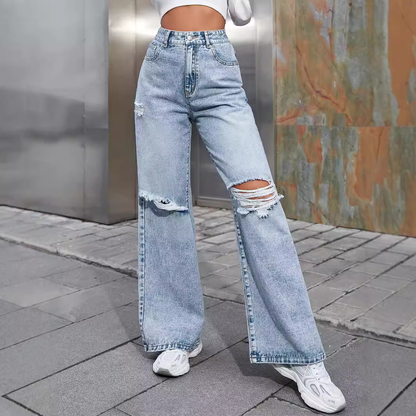 Effortless Light Blue Ripped Wide Leg Jeans for Women with High Waisted Distressed Frayed Knee Casual Style