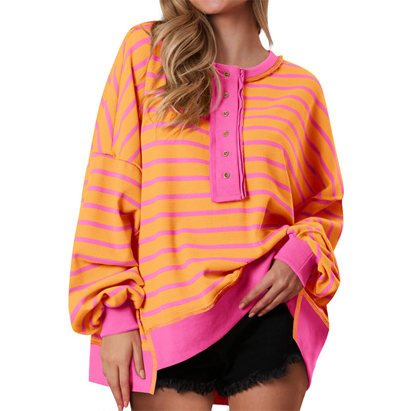 Cozy Oversized Sweatshirt for Women with Button Neck Long Sleeve Striped Relaxed Style