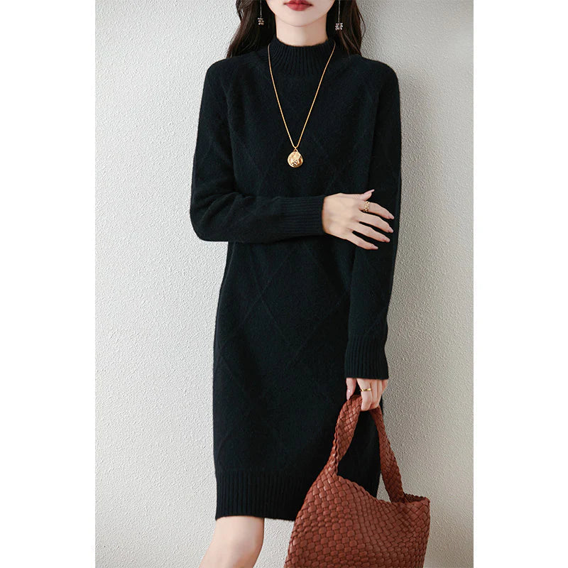 Comfortable Sweater Dress for Women with Mock Neck Long Sleeve Argyle Knit Relaxed Style
