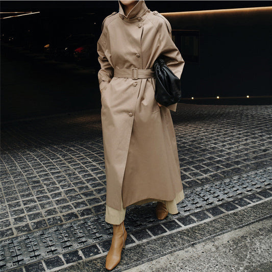Classic Long Winter Trench Coat for Women with Stand Collar Long Sleeve Belted Overcoat Style