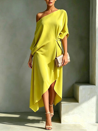 Elegant Draped Maxi Dress for Women with One Shoulder Batwing Sleeve Asymmetrical Hem Autumn Wedding Guest Style
