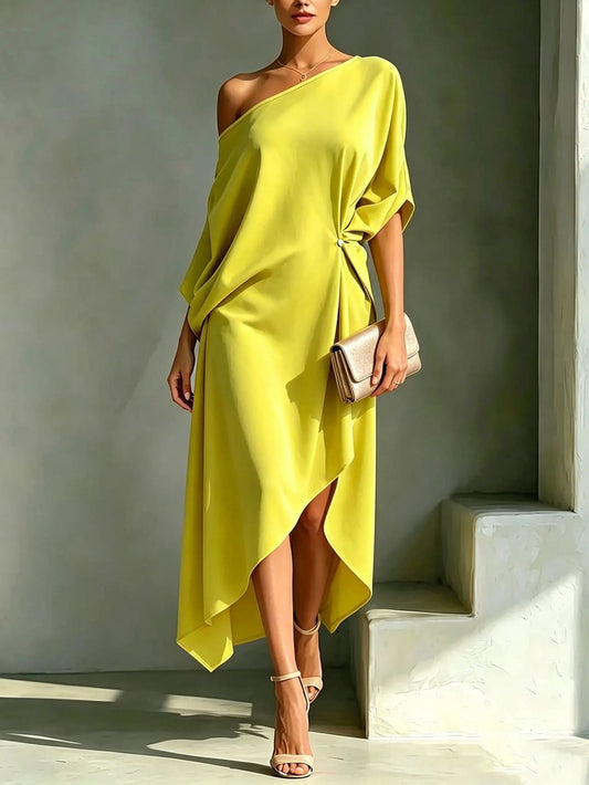 Elegant Draped Maxi Dress for Women with One Shoulder Batwing Sleeve Asymmetrical Hem Autumn Wedding Guest Style