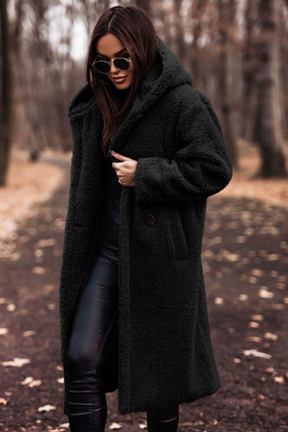 Effortless Teddy Fleece Winter Coat for Women with Hooded Collar Long Sleeve Oversized Longline Style