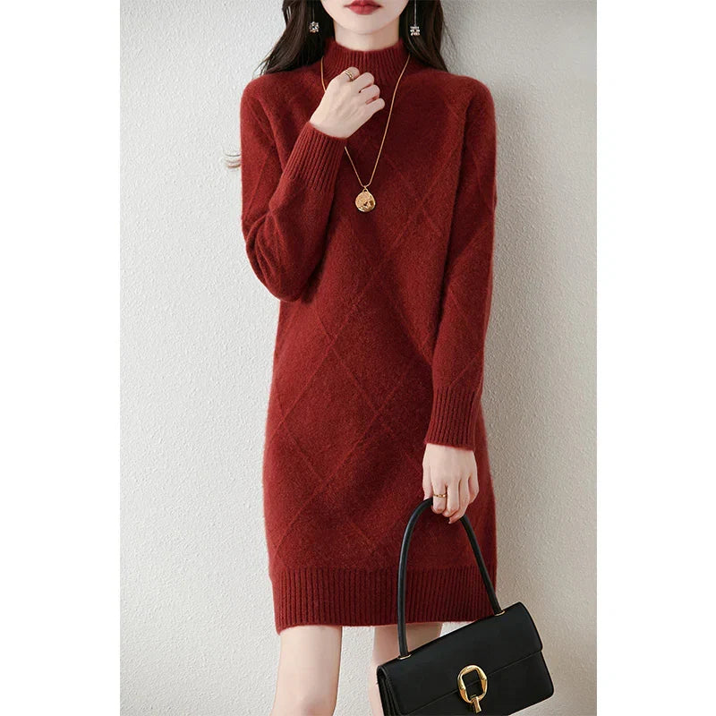 Comfortable Sweater Dress for Women with Mock Neck Long Sleeve Argyle Knit Relaxed Style