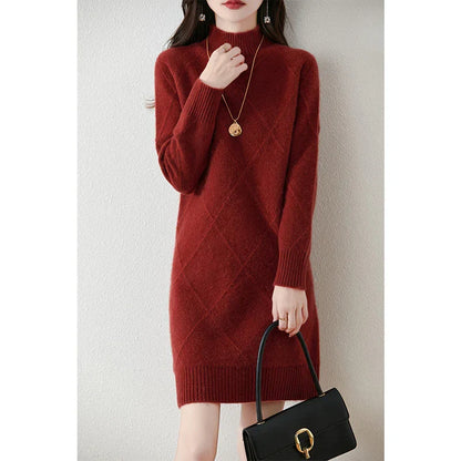 Comfortable Sweater Dress for Women with Mock Neck Long Sleeve Argyle Knit Relaxed Style