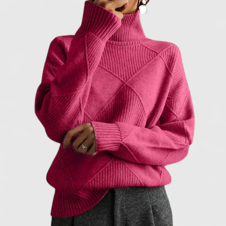 Comfortable Diamond Quilted Sweatshirt for Women with Turtleneck Long Sleeve Relaxed Oversized Knit Style