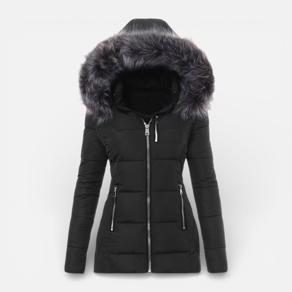 Cozy Puffer Jacket for Women with Faux Fur Hood Long Sleeve Zip Up Fitted Padded Style