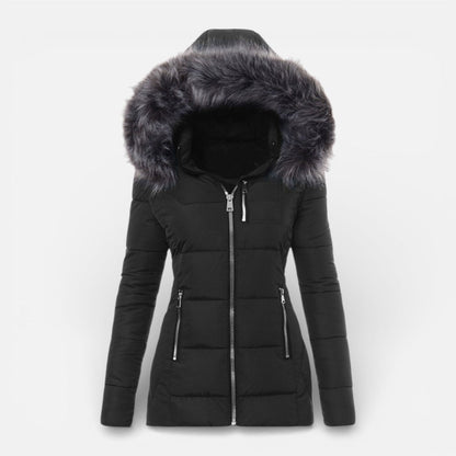 Cozy Puffer Jacket for Women with Faux Fur Hood Long Sleeve Zip Up Fitted Padded Style