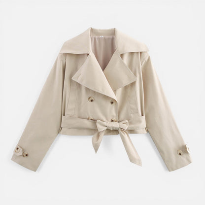 Effortless Cropped Trench Jacket for Women with Notch Collar Long Sleeve Double Breasted Belted Bow Style