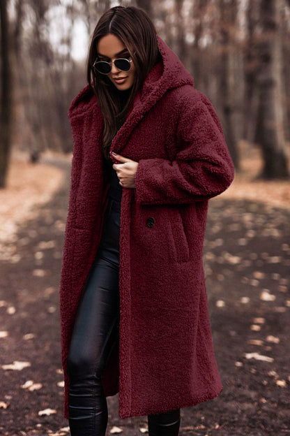 Effortless Teddy Fleece Winter Coat for Women with Hooded Collar Long Sleeve Oversized Longline Style