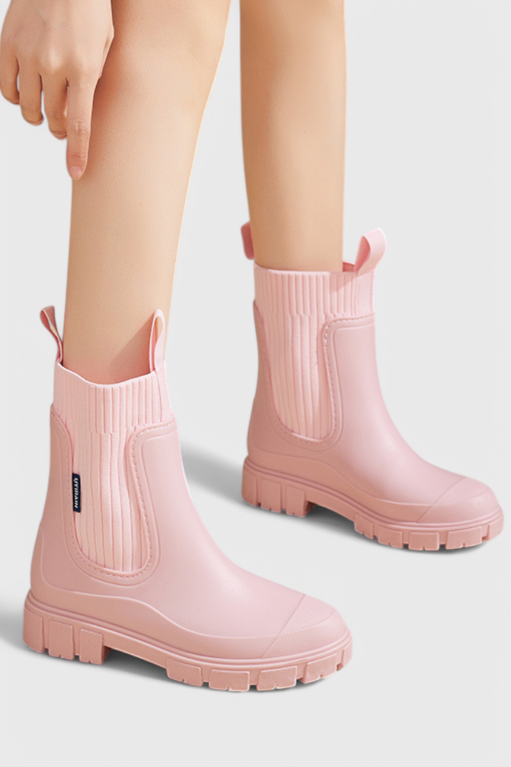 Stylish Ribbed Knit Waterproof Boots for Women with Chelsea Pull Tab Lug Sole Rain Style