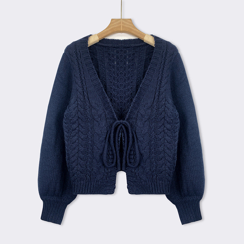 Cozy Chunky Cable Knit Cardigan for Women with V Neck Long Sleeve Tie Front Cropped Style