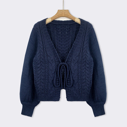 Cozy Chunky Cable Knit Cardigan for Women with V Neck Long Sleeve Tie Front Cropped Style