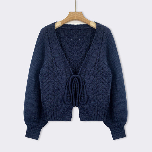 Cozy Chunky Cable Knit Cardigan for Women with V Neck Long Sleeve Tie Front Cropped Style