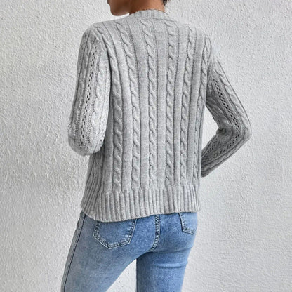Cozy Cable Knit Cardigan for Women with Round Neck Long Sleeve Button Up Fitted Style