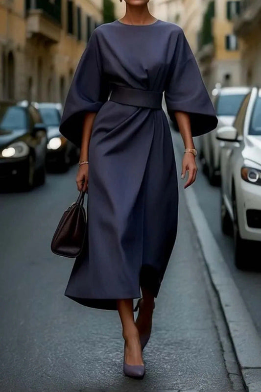 Elegant Belted Midi Dress for Women with Round Neck Bell Sleeve Wrap Flowing Style