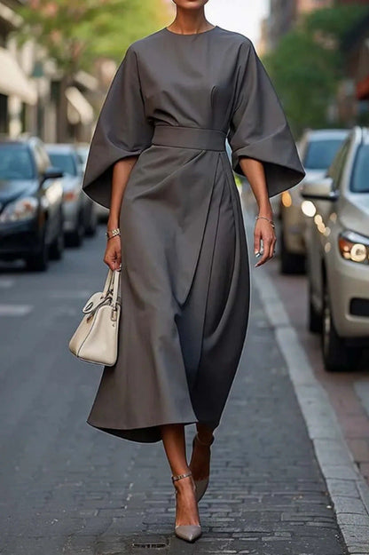 Elegant Belted Midi Dress for Women with Round Neck Bell Sleeve Wrap Flowing Style