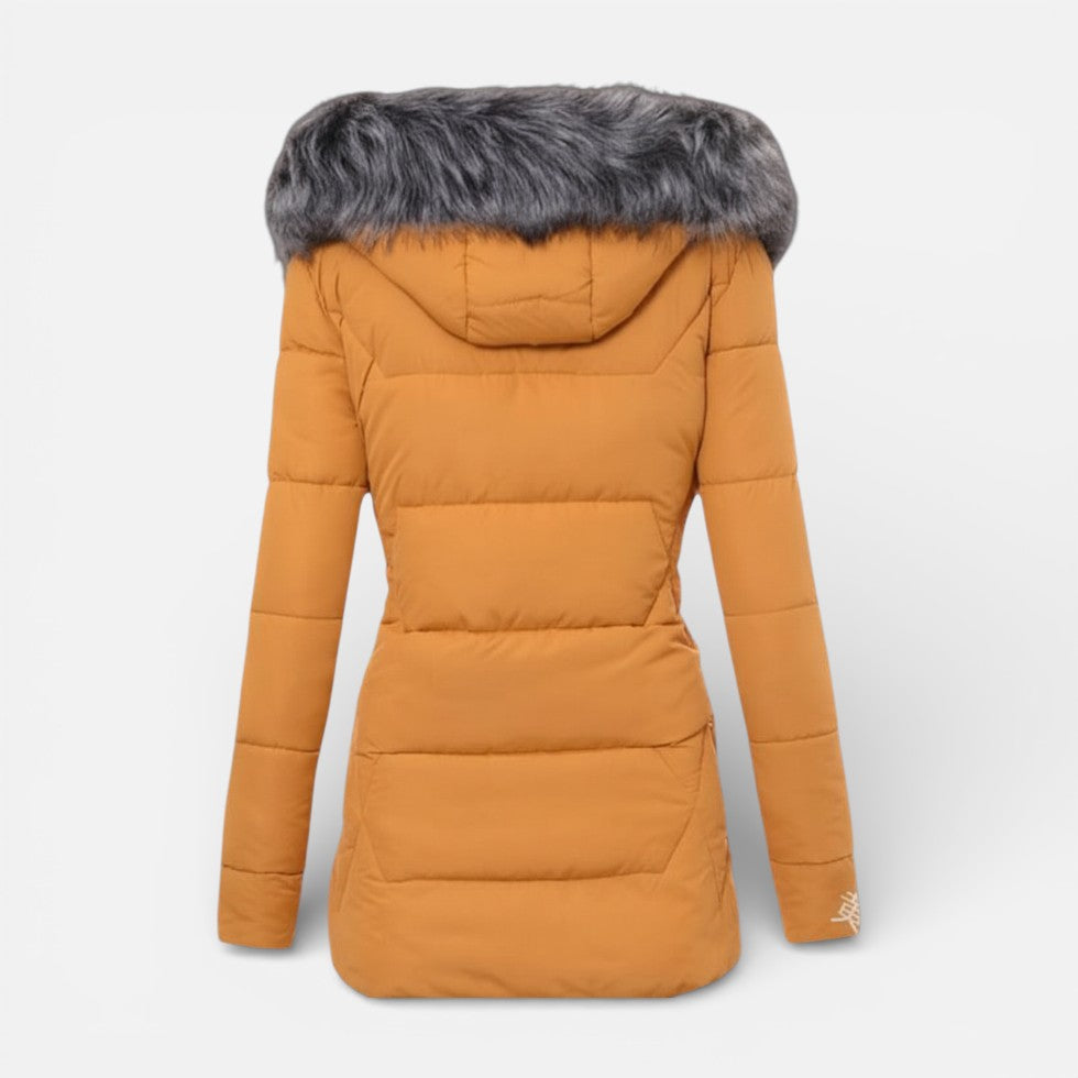 Cozy Puffer Jacket for Women with Faux Fur Hood Long Sleeve Zip Up Fitted Padded Style
