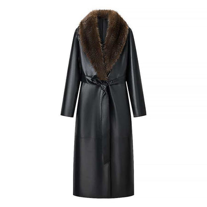 Elegant Black Faux Leather Maxi Coat for Women with Faux Fur Collar Long Sleeve Tie Belt Removable Style