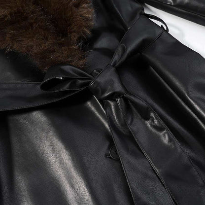 Elegant Black Faux Leather Maxi Coat for Women with Faux Fur Collar Long Sleeve Tie Belt Removable Style