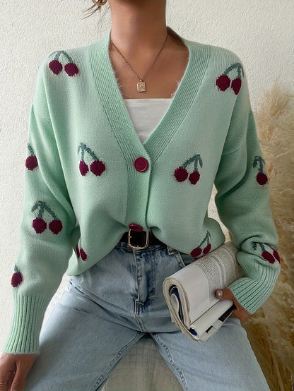 Cozy Knit Cardigan for Women with V Neck Long Sleeve Cherry Print Button Front Style