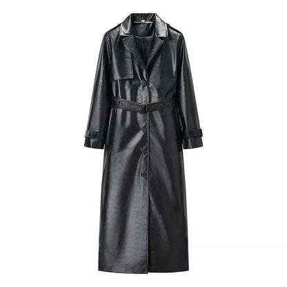 Elegant Black Faux Leather Trench Coat for Women with Notched Lapel Long Sleeve Belted Epaulette Maxi Style