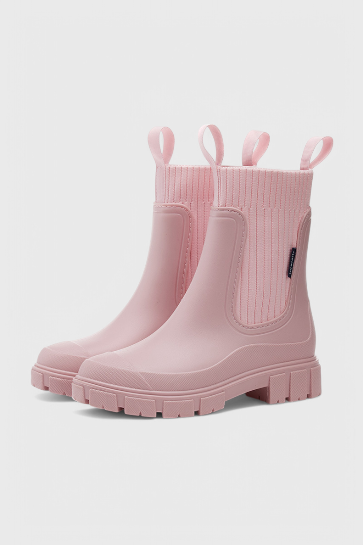 Stylish Ribbed Knit Waterproof Boots for Women with Chelsea Pull Tab Lug Sole Rain Style