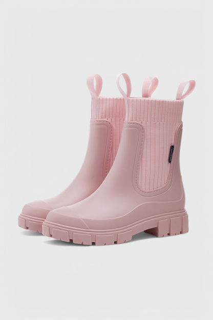 Stylish Ribbed Knit Waterproof Boots for Women with Chelsea Pull Tab Lug Sole Rain Style