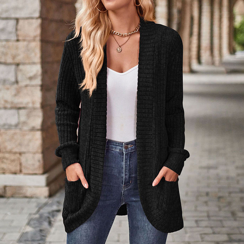 Cozy Knit Cardigan for Women with Open Front Long Sleeve Ribbed Pocket Relaxed Style