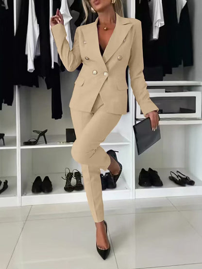 Elegant Blazer Flared Pants Set for Women with Notched Lapel Long Sleeve Double Breasted Suit Style