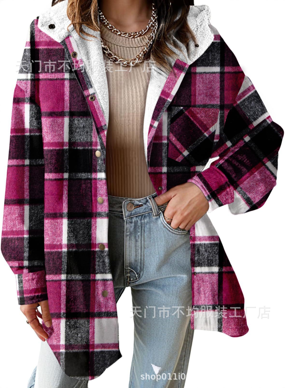 Cozy Plaid Shacket for Women with Hooded Collar Long Sleeve Sherpa Lined Flannel Oversized Style