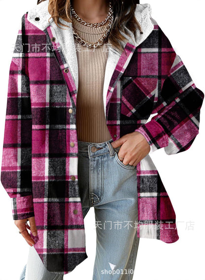 Cozy Plaid Shacket for Women with Hooded Collar Long Sleeve Sherpa Lined Flannel Oversized Style