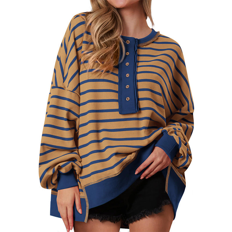 Cozy Oversized Sweatshirt for Women with Button Neck Long Sleeve Striped Relaxed Style
