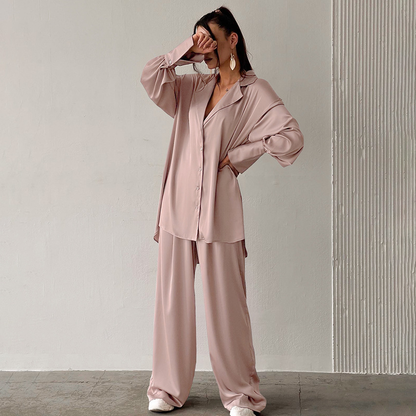 Effortless Satin Pajama Set for Women with Notch Collar Long Sleeve Wide Leg Relaxed Style