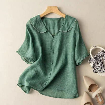 Effortless Linen Blouses for Women with Round Neck Short Sleeve Button Relaxed Flowing Style