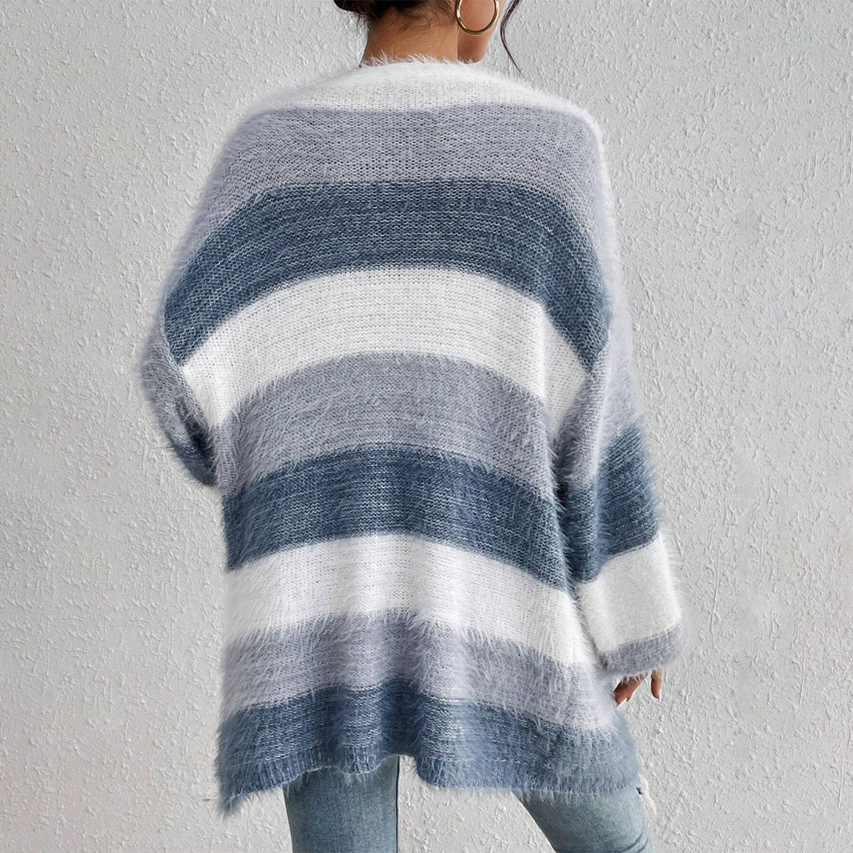 Cozy Fuzzy Knit Cardigan for Women with Open Front Long Sleeve Striped Oversized Style