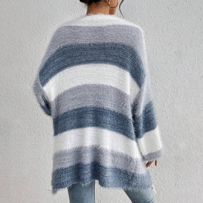 Cozy Fuzzy Knit Cardigan for Women with Open Front Long Sleeve Striped Oversized Style