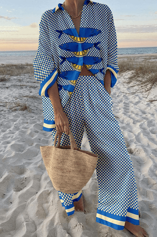 Riley | Playful Fish Print Checkered Wide Leg Pants Set