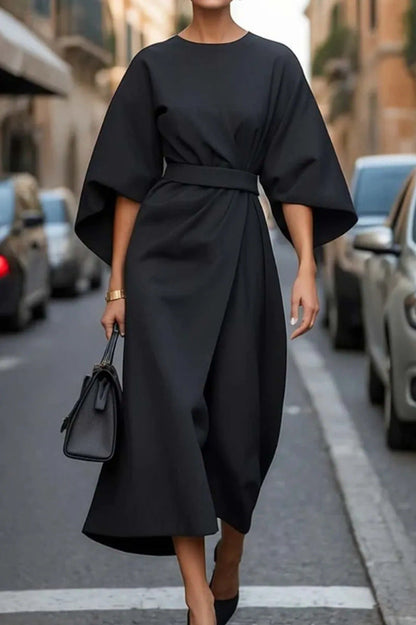 Elegant Belted Midi Dress for Women with Round Neck Bell Sleeve Wrap Flowing Style