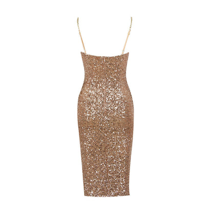 Elegant Gold Dress for Women with Sweetheart Neckline Sequin Bodycon Midi Cocktail Style