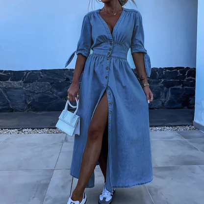Elegant Blue Denim Dress for Women with V Neck Elbow Sleeve Button Front Maxi Flowing Style