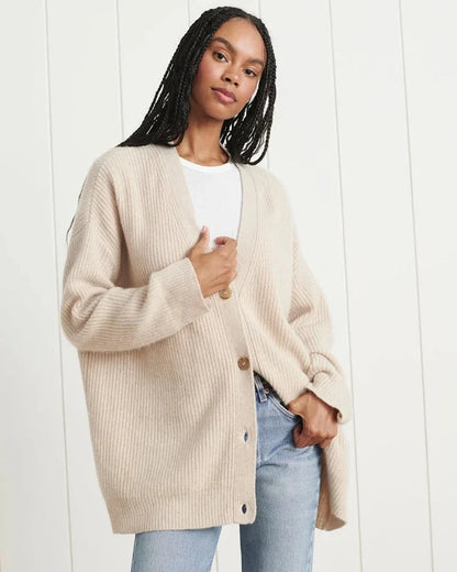 Comfortable Ribbed Cardigan for Women with V Neck Long Sleeve Button Front Oversized Knit Style