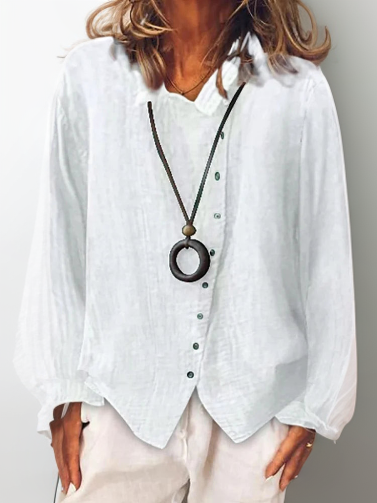 Effortless Linen Long Sleeve Shirt for Women with Collar Button Front Curved Hem Relaxed Style