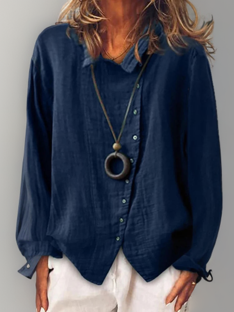 Effortless Linen Long Sleeve Shirt for Women with Collar Button Front Curved Hem Relaxed Style