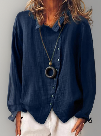 Effortless Linen Long Sleeve Shirt for Women with Collar Button Front Curved Hem Relaxed Style