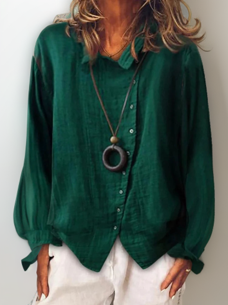 Effortless Linen Long Sleeve Shirt for Women with Collar Button Front Curved Hem Relaxed Style