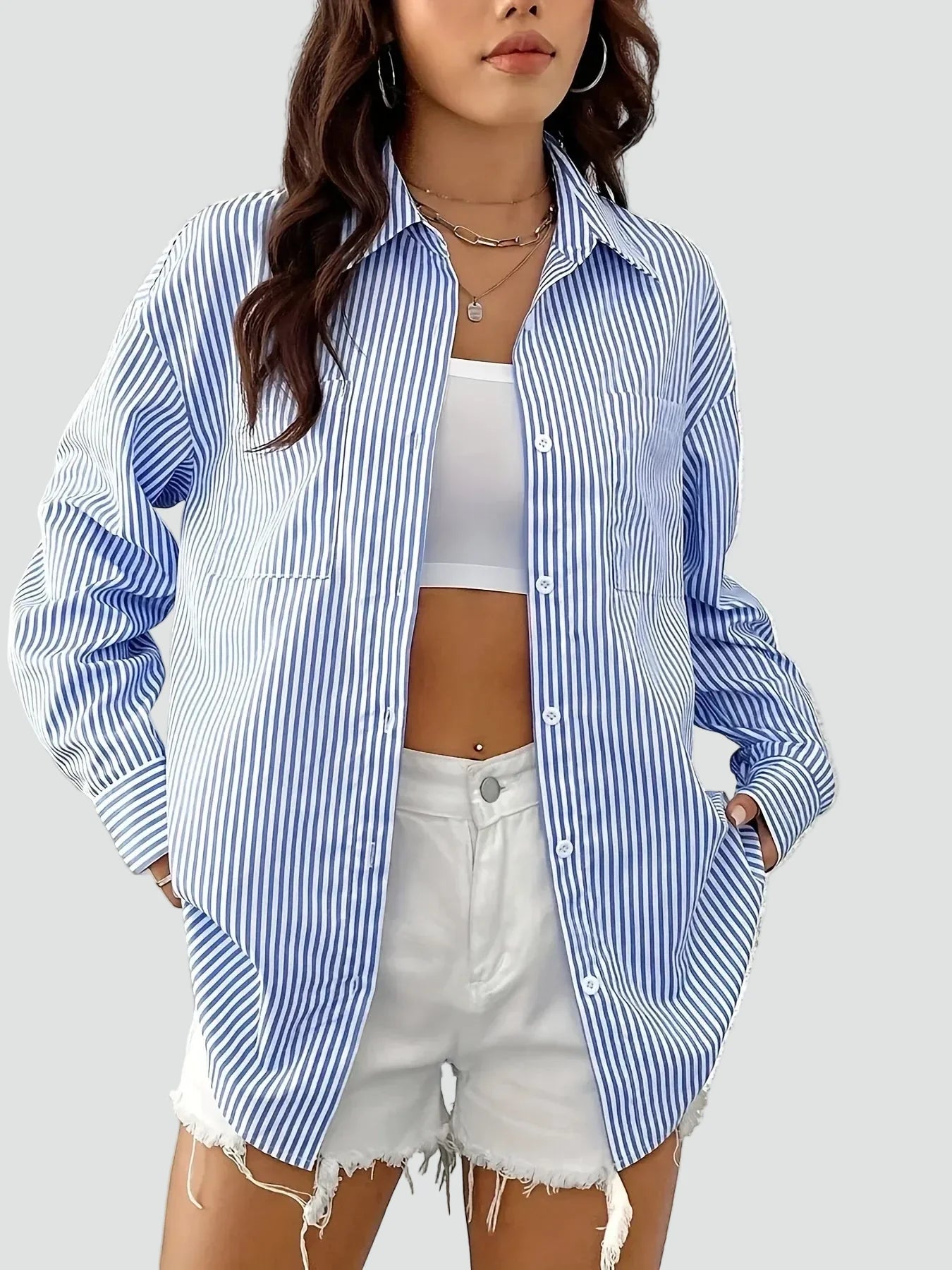 Effortless Blue Striped Shirt for Women with Collar Long Sleeve Oversized Relaxed Casual Style